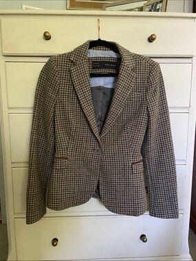 Zara Brown and Black Houndstooth Tweed Blazer